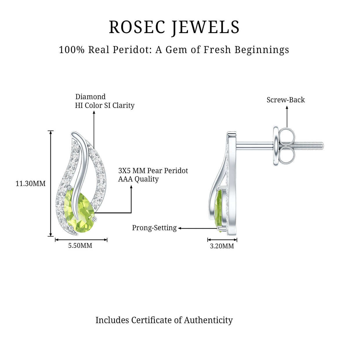 Natural Peridot leaf earrings with diamond accents for women by Rosec Jewels, featuring intricate leaf design and sparkling gemstones.