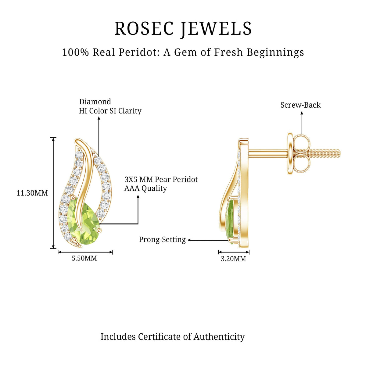 Natural Peridot leaf earrings with diamond accents for women, jewelry by Rosec Jewels, showcasing elegant green gemstone leaf design