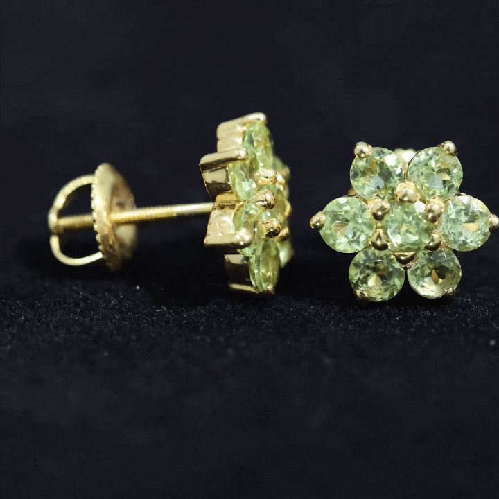 Yellow real peridot flower cluster stud earrings by Rosec Jewels featuring vibrant gemstones and delicate floral design.