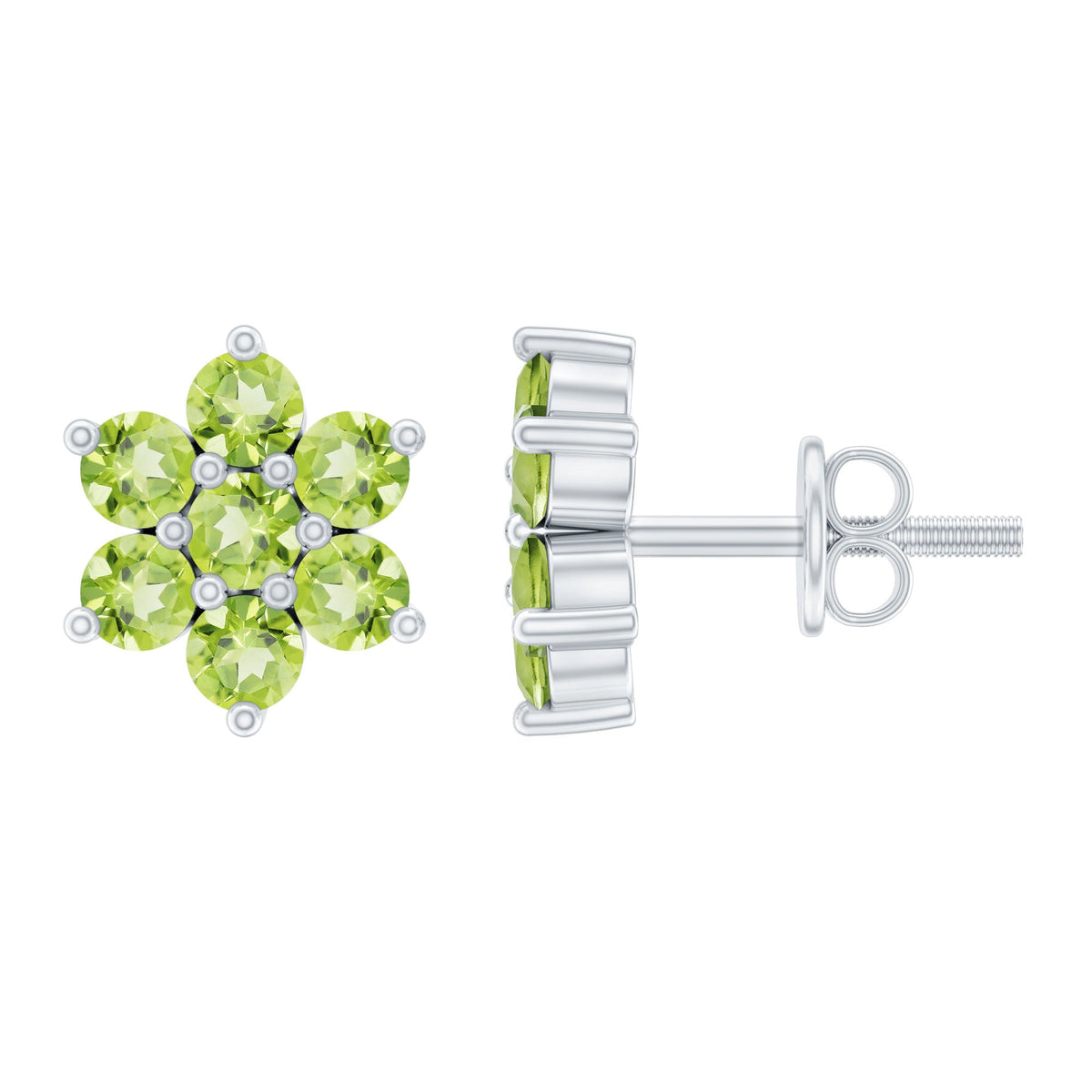 Peridot flower cluster stud earrings by Rosec Jewels featuring vibrant green peridot gemstones and floral design.