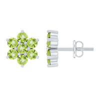 Peridot flower cluster stud earrings by Rosec Jewels featuring vibrant green peridot gemstones and floral design.