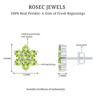 Real Peridot flower cluster stud earrings by Rosec Jewels featuring vibrant green peridot gemstones and gold-tone settings.