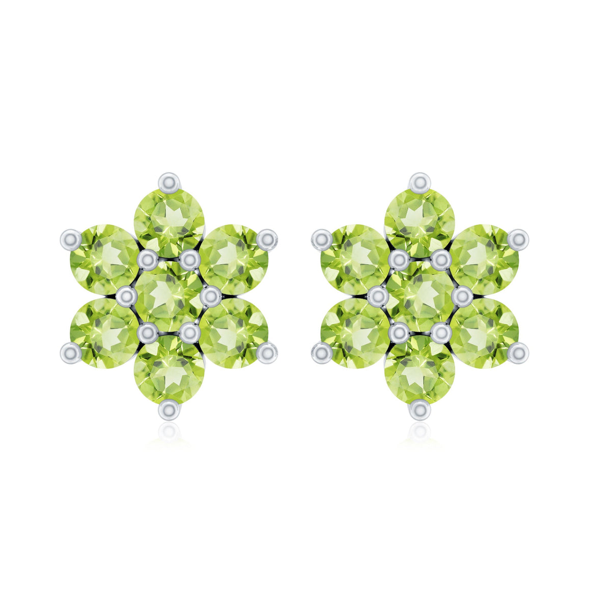 Rosec Jewels real peridot flower cluster stud earrings featuring vibrant green gemstones and silver settings.