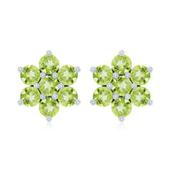 Rosec Jewels real peridot flower cluster stud earrings featuring vibrant green gemstones and silver settings.
