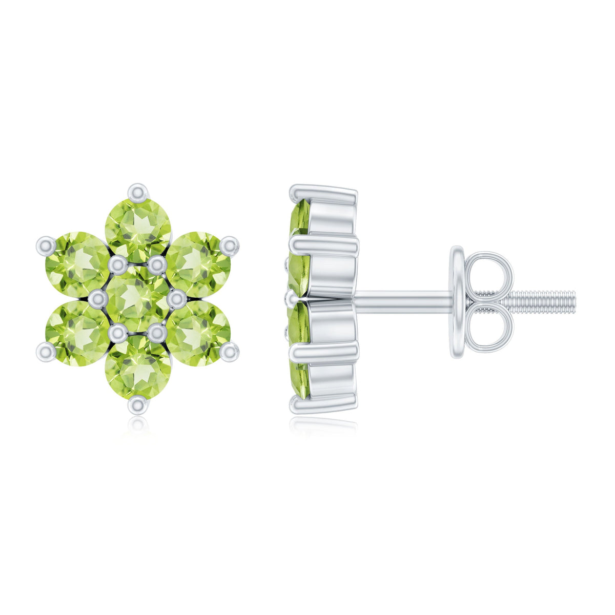 Rosec Jewels real peridot flower cluster stud earrings featuring vibrant green peridot gemstones and delicate floral design.