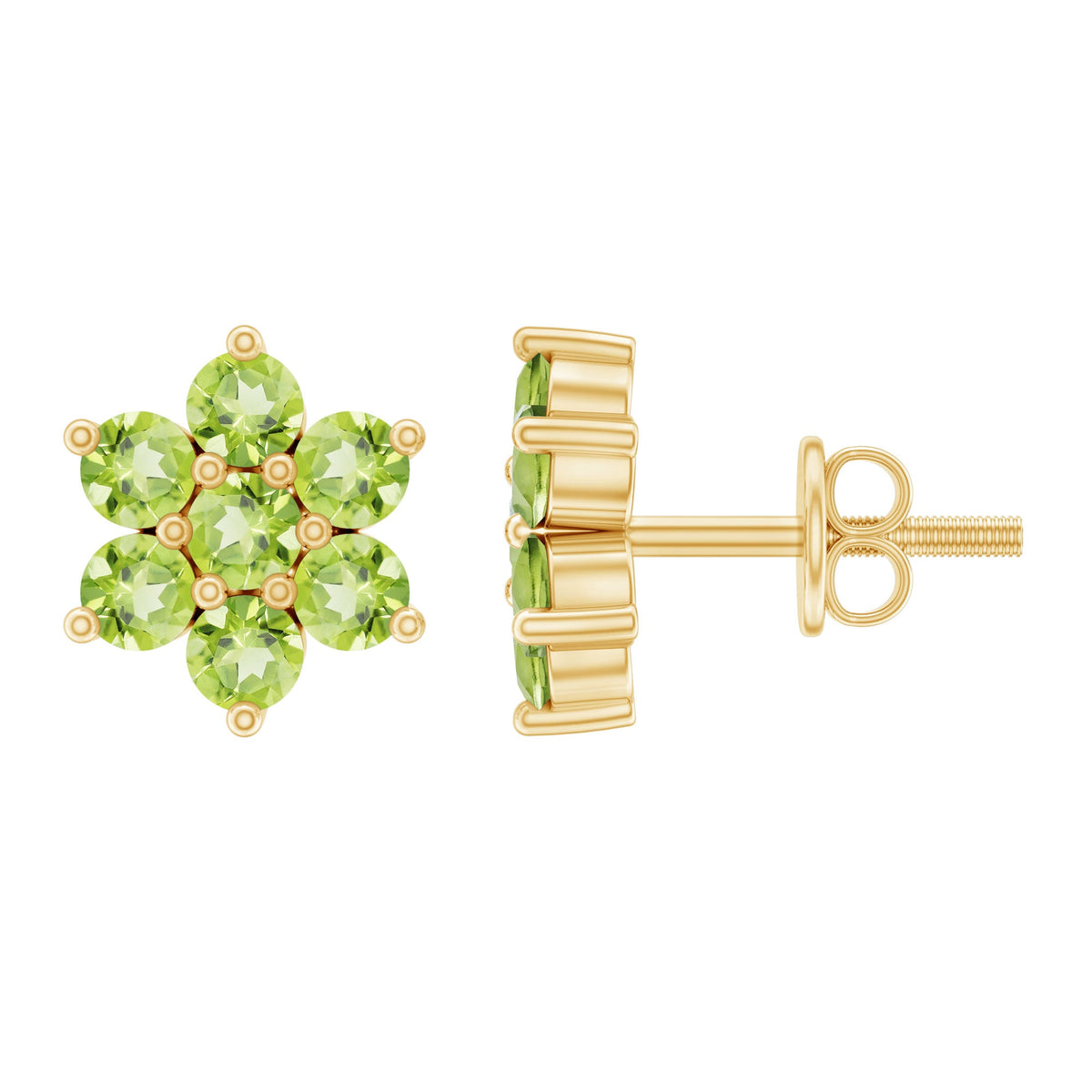Real Peridot flower cluster stud earrings by Rosec Jewels featuring vibrant green gemstones and delicate floral design.