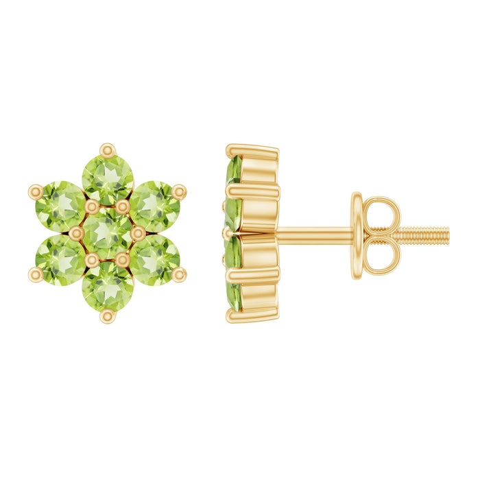 Real Peridot flower cluster stud earrings by Rosec Jewels featuring vibrant green gemstones and delicate floral design.