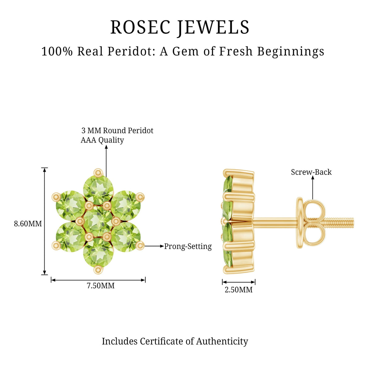 Real Peridot flower cluster stud earrings by Rosec Jewels featuring vibrant green peridot gemstones in a floral design.