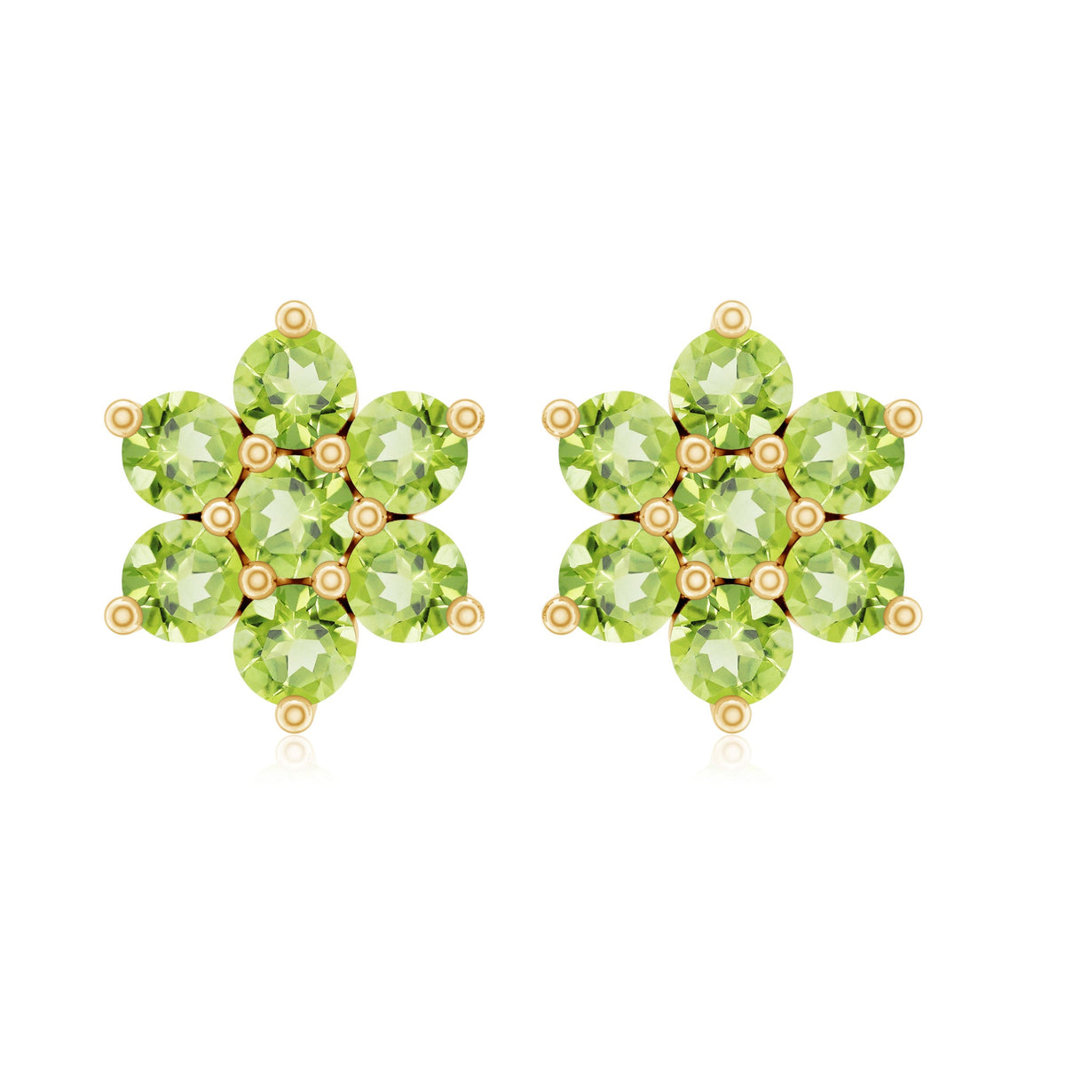 Real peridot flower cluster stud earrings by Rosec Jewels featuring vibrant green peridot gemstones in a floral design.
