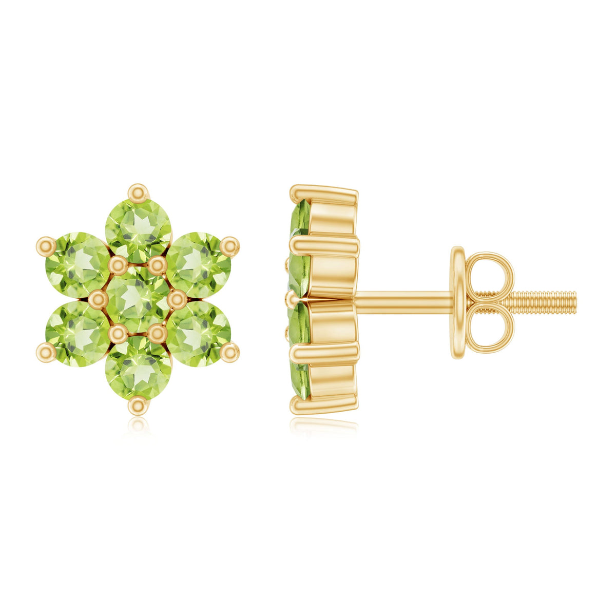Real Peridot flower cluster stud earrings by Rosec Jewels featuring vibrant green peridot gemstones and sterling silver settings.