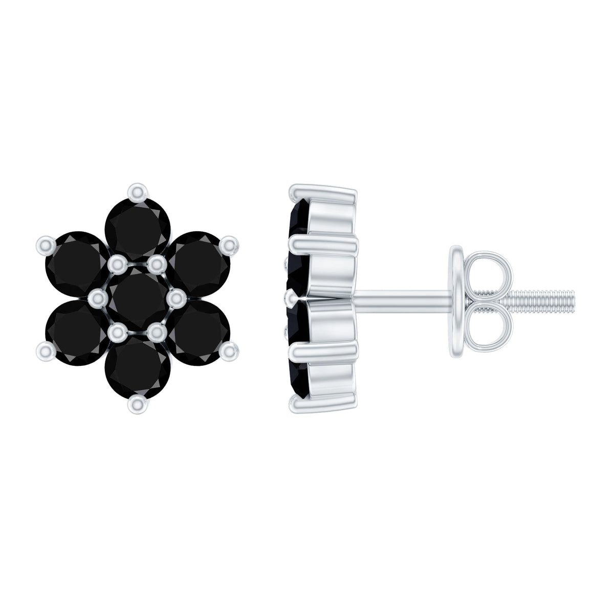 Natural black spinel floral cluster stud earrings by Rosec Jewels featuring sparkling black spinel stones and intricate floral design.