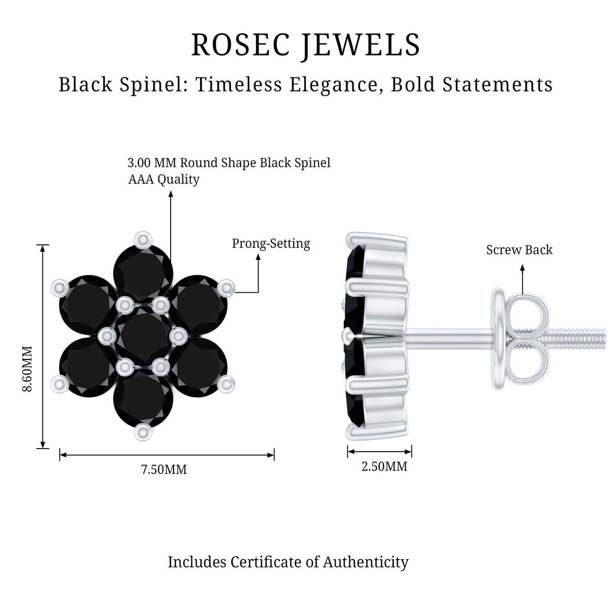 Natural black spinel floral cluster stud earrings by Rosec Jewels featuring black spinel gemstones and delicate floral design.