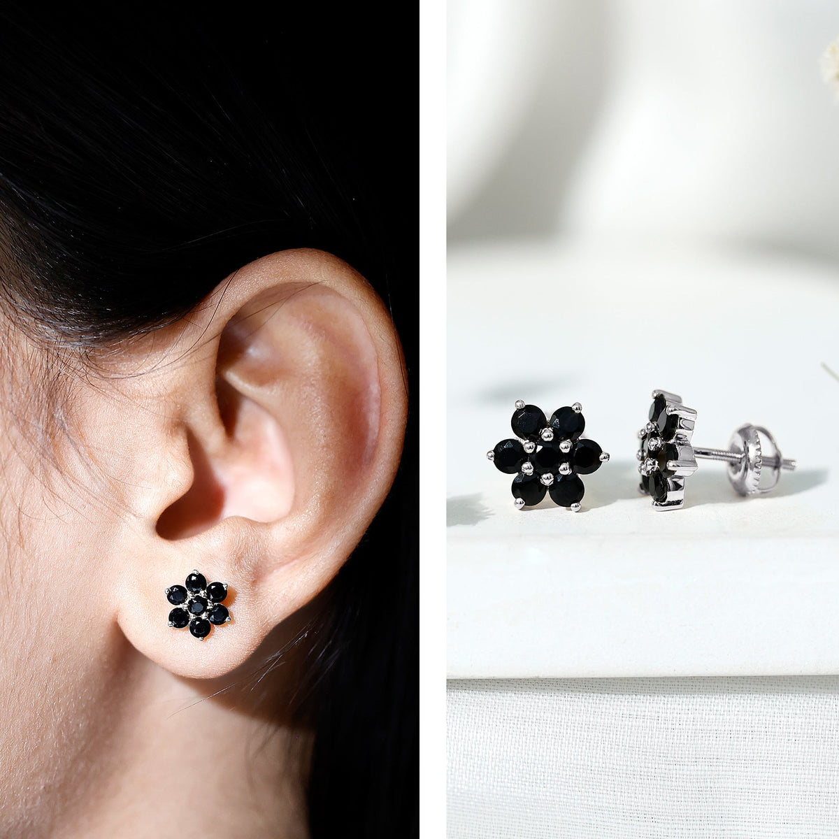Natural black spinel floral cluster stud earrings by Rosec Jewels, featuring intricate floral design and sparkling black spinel stones.