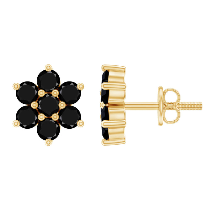 Natural black spinel floral cluster stud earrings by Rosec Jewels, featuring intricate flower-shaped design with sparkling black spinel stones.