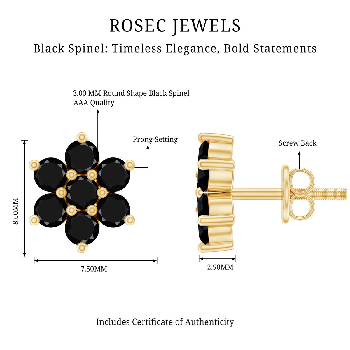 Natural black spinel floral cluster stud earrings by Rosec Jewels, featuring intricate flower-shaped design with sparkling black spinel stones.