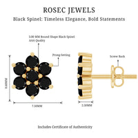 Natural black spinel floral cluster stud earrings by Rosec Jewels, featuring intricate flower-shaped design with sparkling black spinel stones.