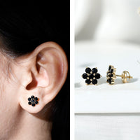 Natural black spinel floral cluster stud earrings by Rosec Jewels featuring black spinel gemstones and intricate floral design.