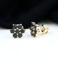 Natural black spinel floral cluster stud earrings by Rosec Jewels featuring intricate flower-shaped black spinel stones.