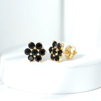 Natural black spinel floral cluster stud earrings by Rosec Jewels, featuring detailed flower design and sparkling black spinel stones.