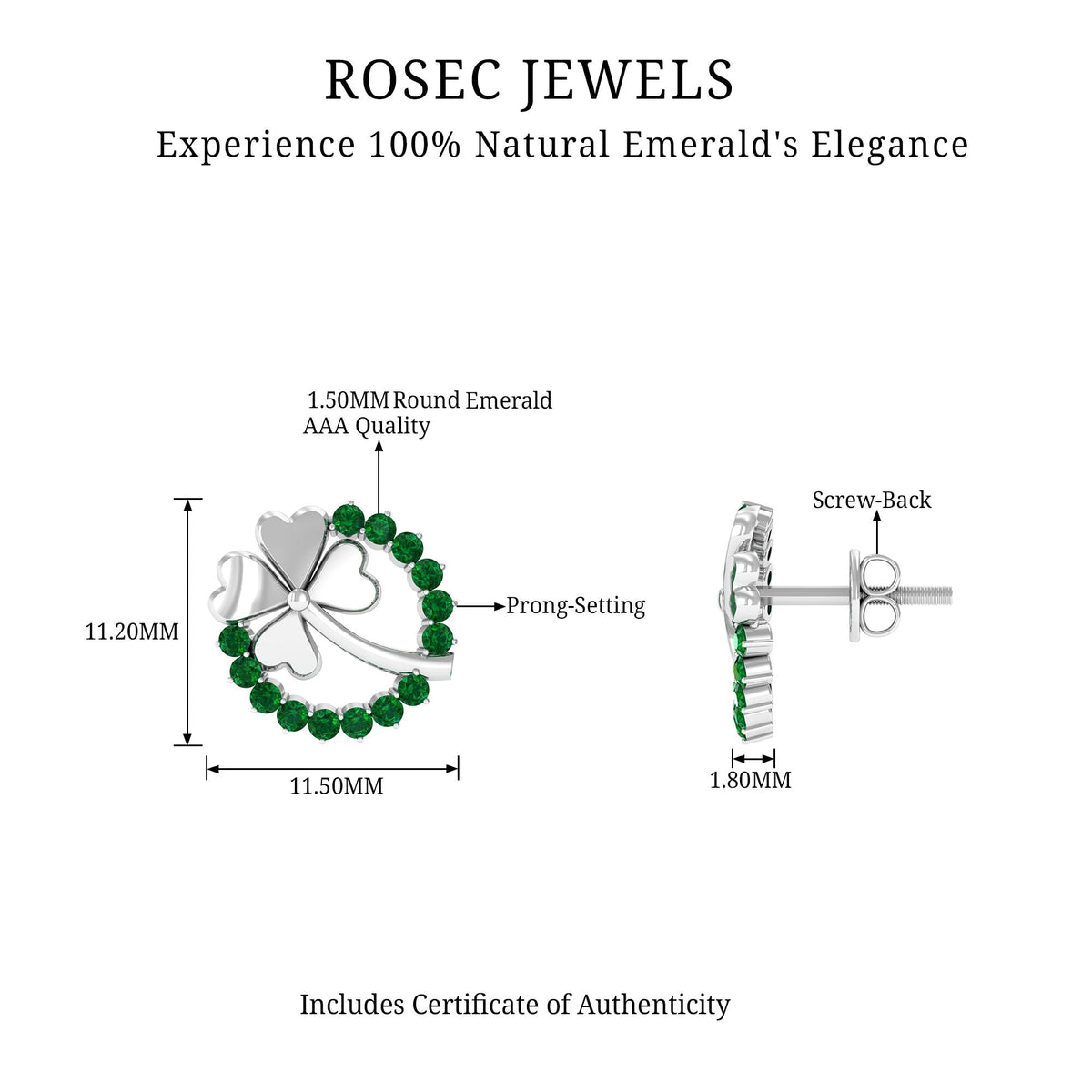 Genuine emerald clover stud earrings for women by Rosec Jewels, featuring sparkling green emeralds and silver settings.