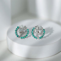 Genuine emerald clover stud earrings for women by Rosec Jewels, featuring four-leaf clover design with sparkling emerald stones.