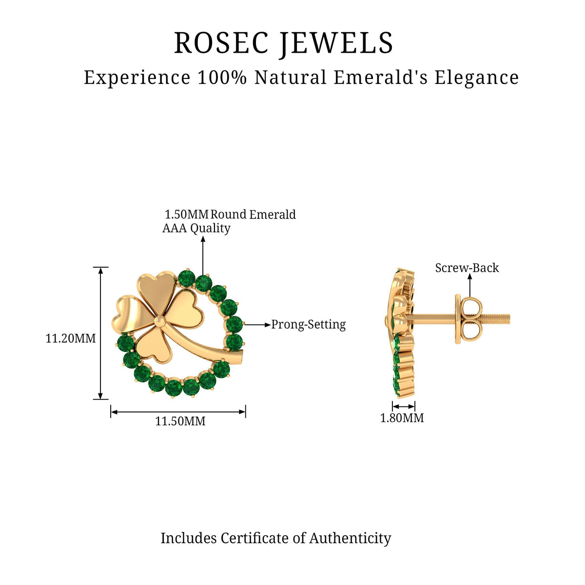 Genuine emerald clover stud earrings for women by Rosec Jewels, featuring vibrant green emeralds and silver settings.