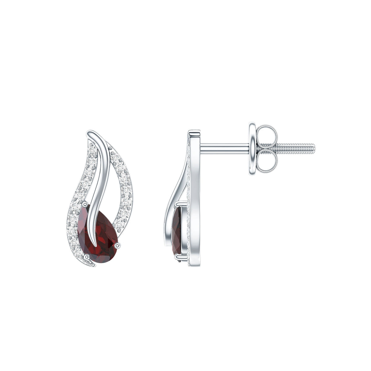 Pear-shaped garnet and diamond leaf stud earrings by Rosec Jewels showcasing elegant gemstone and intricate leaf design.