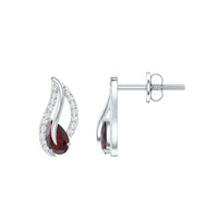 Pear-shaped garnet and diamond leaf stud earrings by Rosec Jewels showcasing elegant gemstone and intricate leaf design.