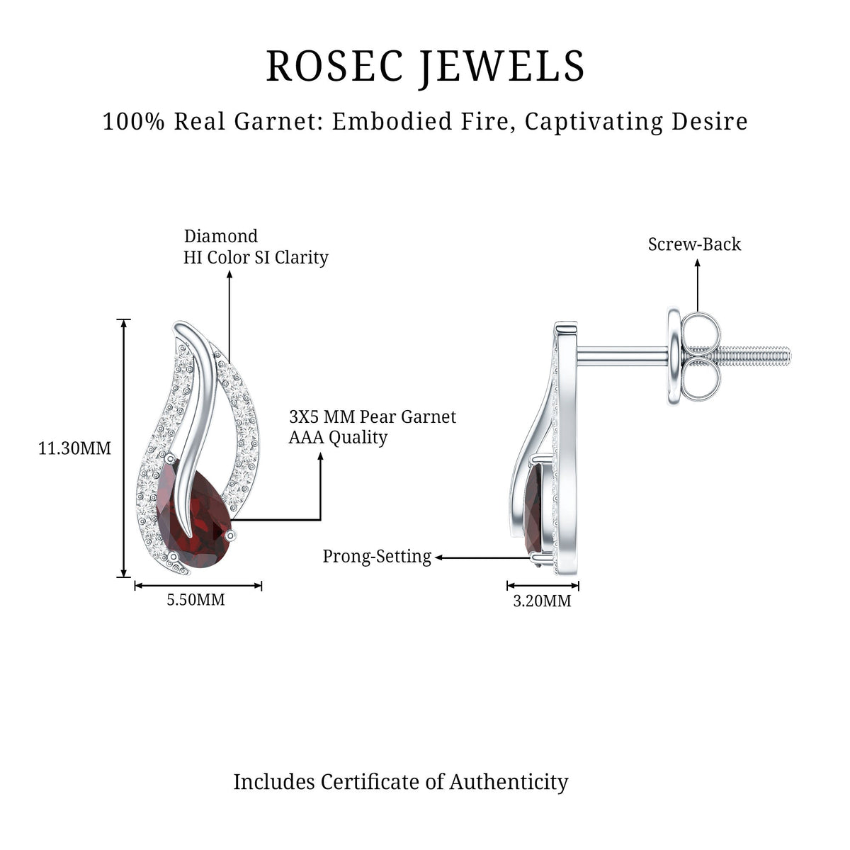 Pear-shaped garnet and diamond leaf stud earrings by Rosec Jewels, featuring elegant gemstone and metal details.
