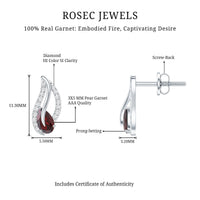 Pear-shaped garnet and diamond leaf stud earrings by Rosec Jewels, featuring elegant gemstone and metal details.