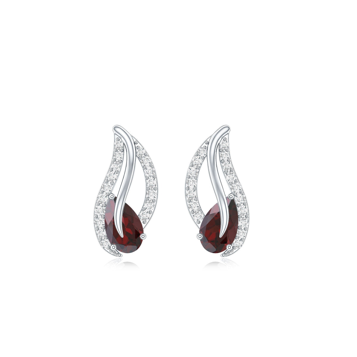 Pear-shaped garnet and diamond leaf stud earrings by Rosec Jewels featuring elegant gemstone and metal design.
