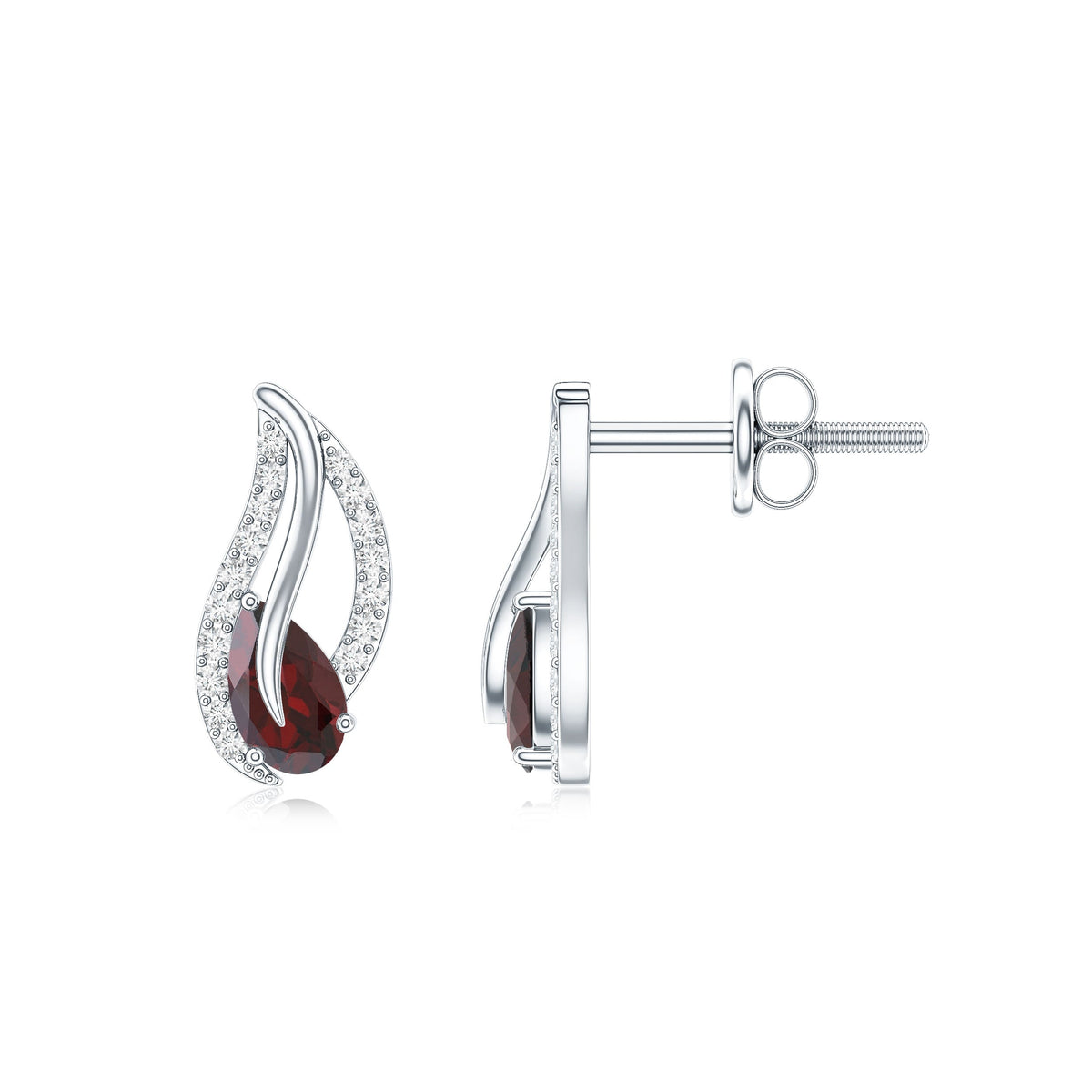 Pear-shaped garnet and diamond leaf stud earrings by Rosec Jewels, featuring elegant gemstone and metal details.