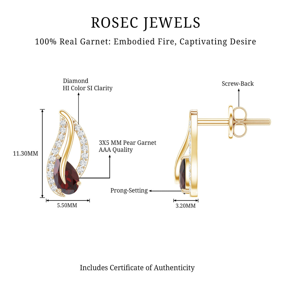 Pear shape garnet and diamond leaf stud earrings by Rosec Jewels featuring gemstone and diamond accents in a natural setting.