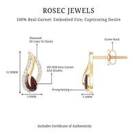 Pear shape garnet and diamond leaf stud earrings by Rosec Jewels featuring gemstone and diamond accents in a natural setting.