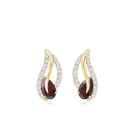 Pear shape garnet and diamond leaf stud earrings from Rosec Jewels with gold settings, featuring elegant gemstone and diamond details.