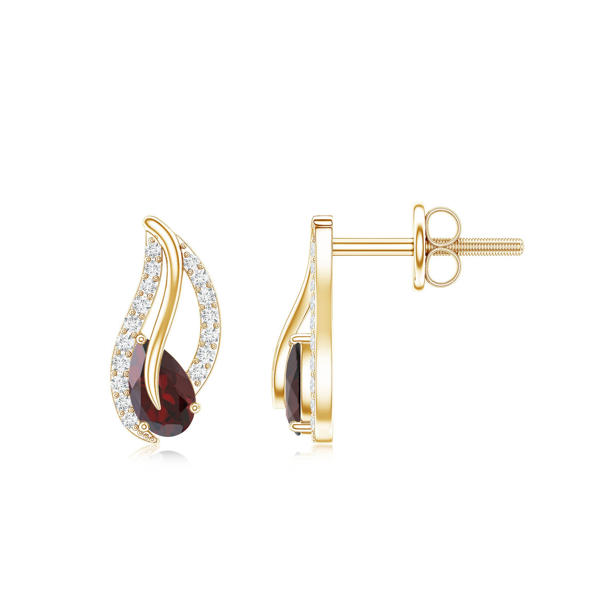 Pear-shaped garnet and diamond leaf stud earrings by Rosec Jewels featuring elegant gemstone and metal craftsmanship.