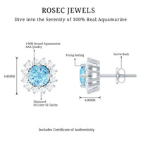 Genuine Aquamarine and Diamond Halo Stud Earrings