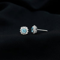 Genuine Aquamarine and Diamond Halo Stud Earrings