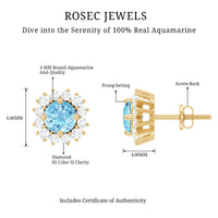 Genuine Aquamarine and Diamond Halo Stud Earrings