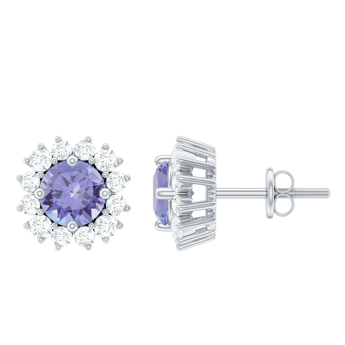Rosec Jewels 1 CT blue tanzanite and diamond halo stud earrings, showcasing elegant gemstone and diamond design.