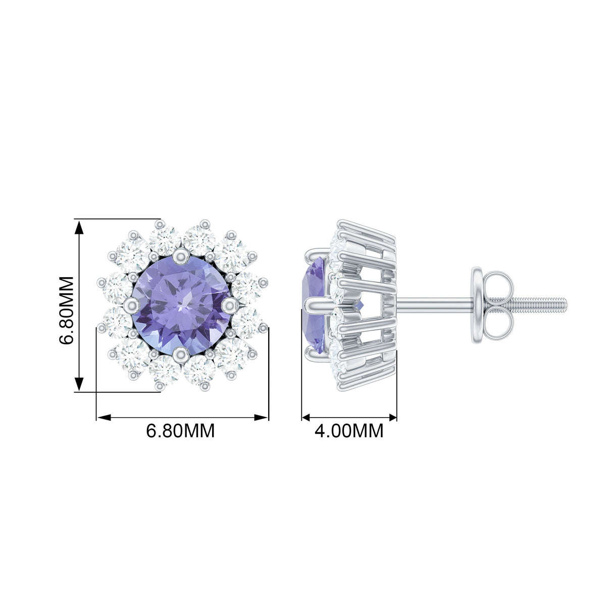 Rosec Jewels 1 CT classic blue tanzanite and diamond halo stud earrings, showcasing elegant gemstone and sparkling diamond details.