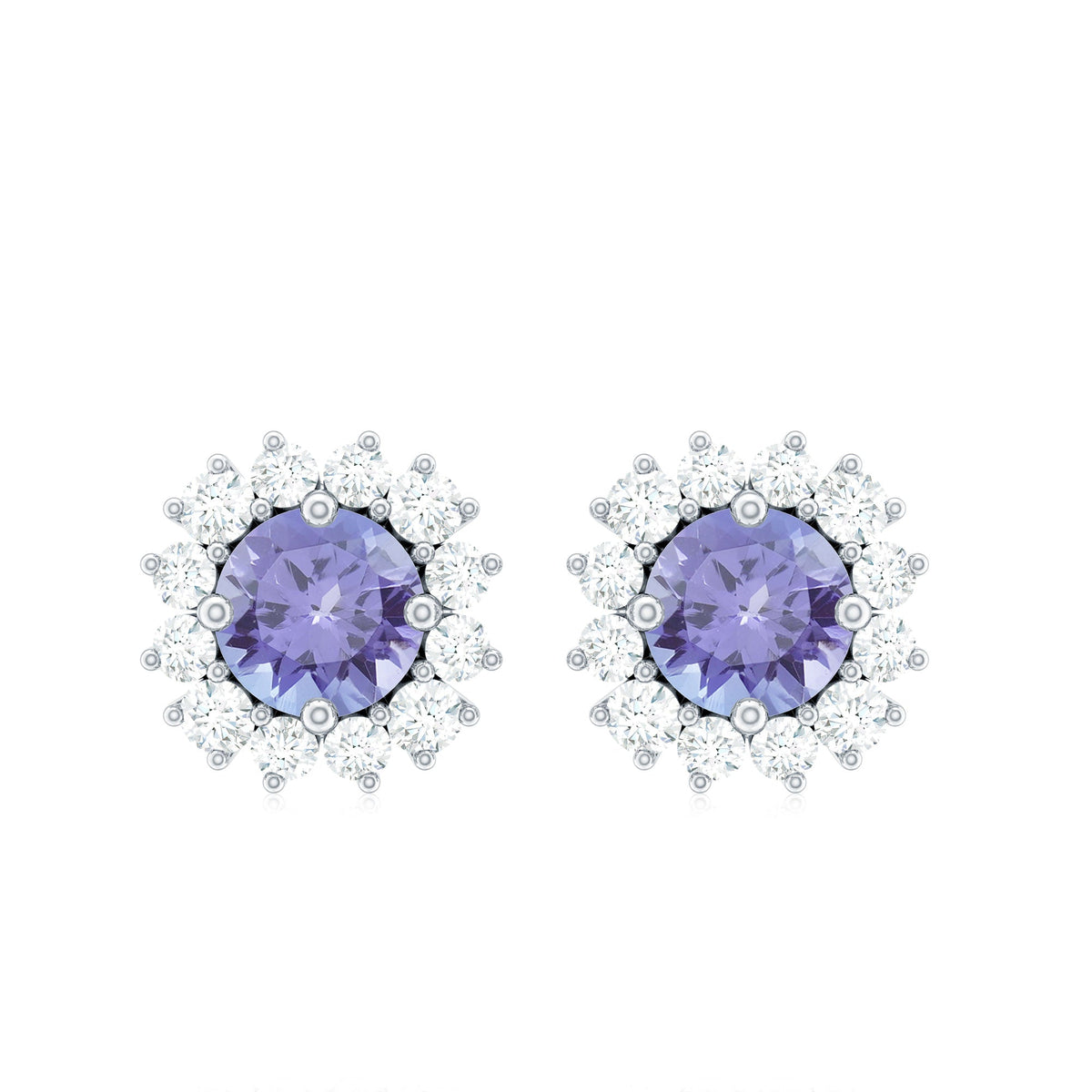 Rosec Jewels 1 CT blue tanzanite and diamond halo stud earrings, showcasing elegant gemstone and sparkle design.