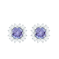 Rosec Jewels 1 CT blue tanzanite and diamond halo stud earrings, showcasing elegant gemstone and sparkle design.