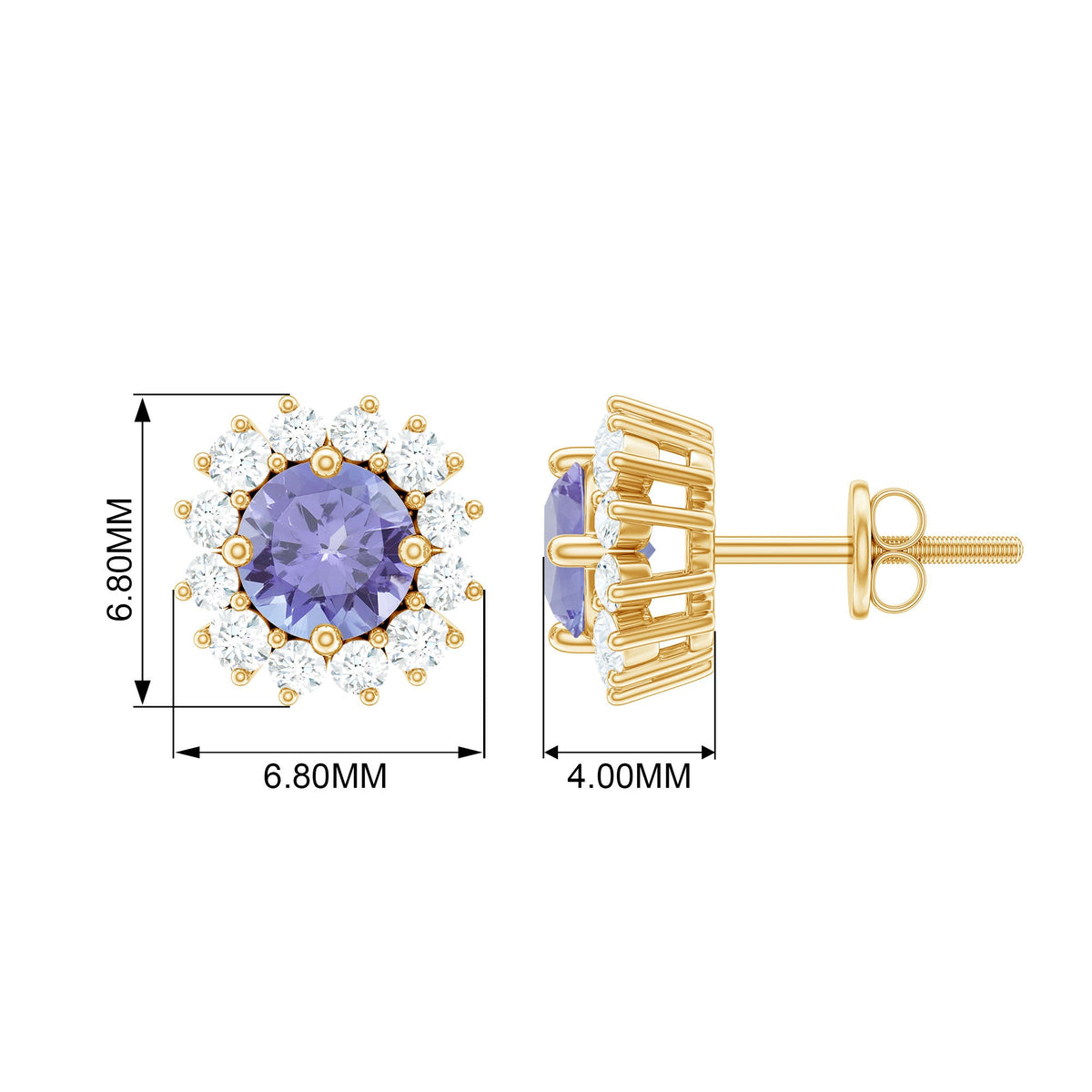 Classic blue tanzanite and diamond halo stud earrings by Rosec Jewels showcasing sparkling gemstones and elegant design