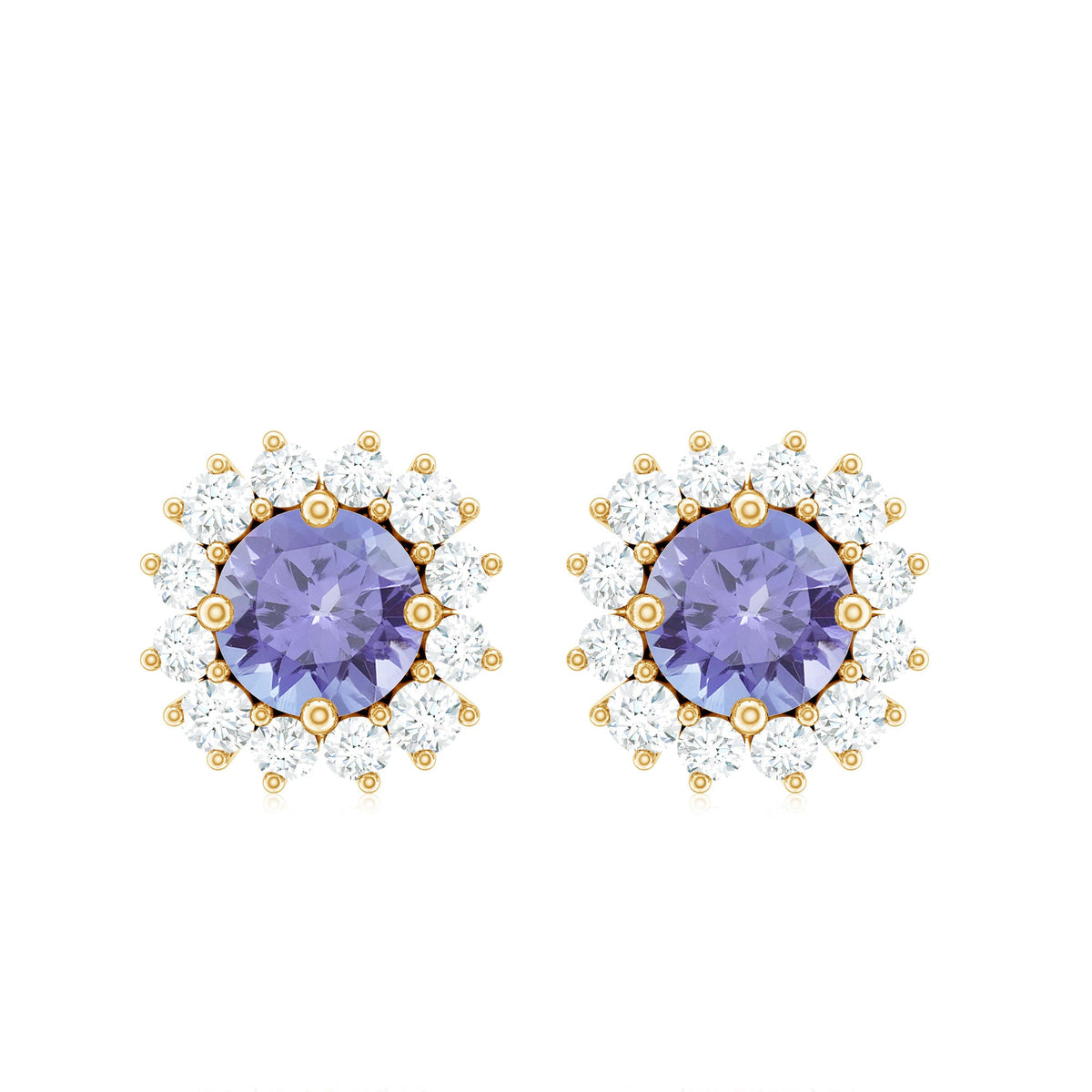 Classic blue tanzanite and diamond halo stud earrings by Rosec Jewels featuring sparkling gemstones and elegant design.