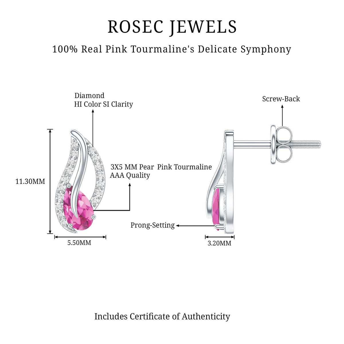 Natural pink tourmaline leaf earrings with diamonds, elegant jewelry piece by Rosec Jewels featuring detailed gemstone and metalwork.
