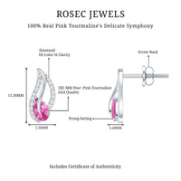 Natural pink tourmaline leaf earrings with diamonds, elegant jewelry piece by Rosec Jewels featuring detailed gemstone and metalwork.