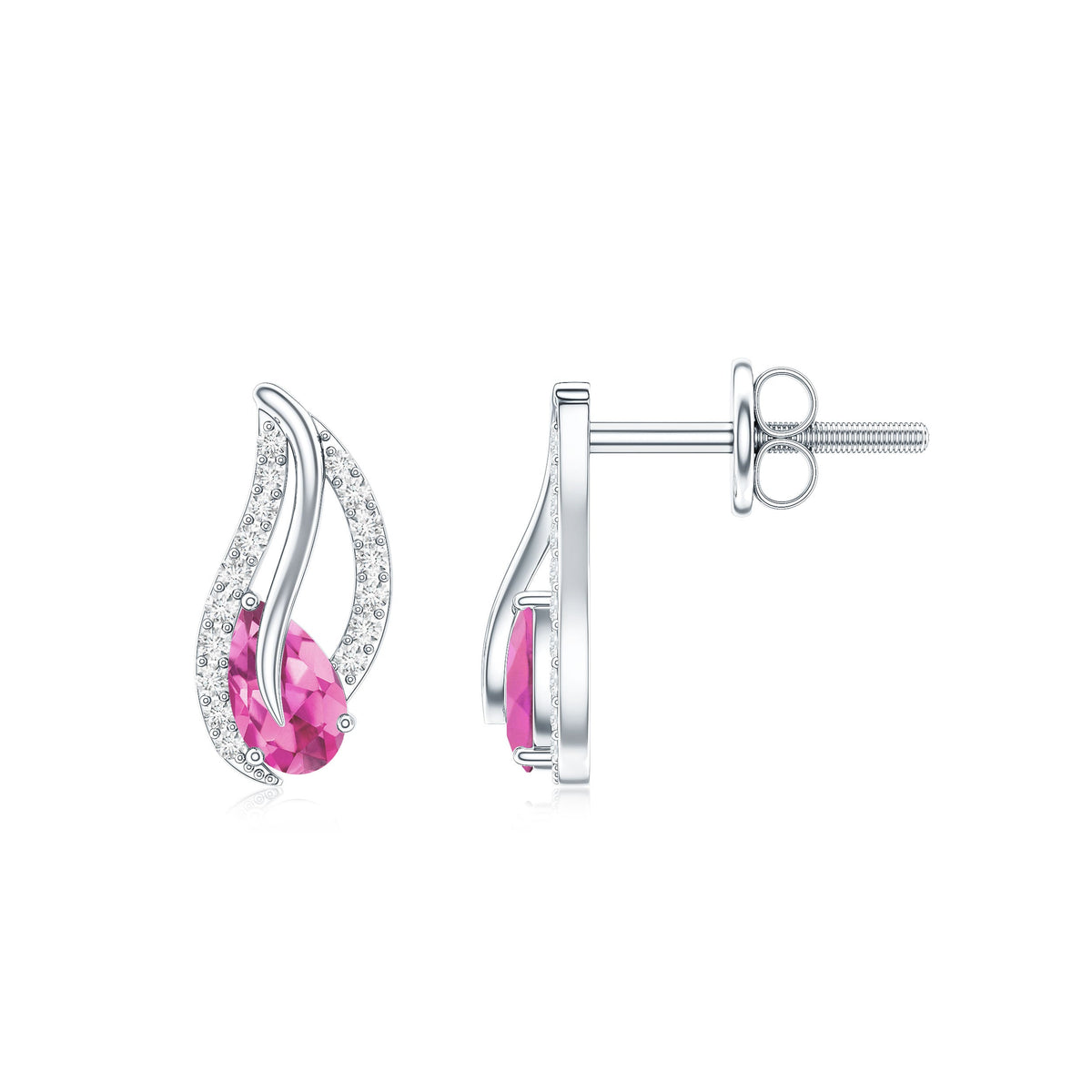 Natural pink tourmaline leaf earrings with diamonds from Rosec Jewels, showcasing delicate gemstone and sparkling diamond accents.