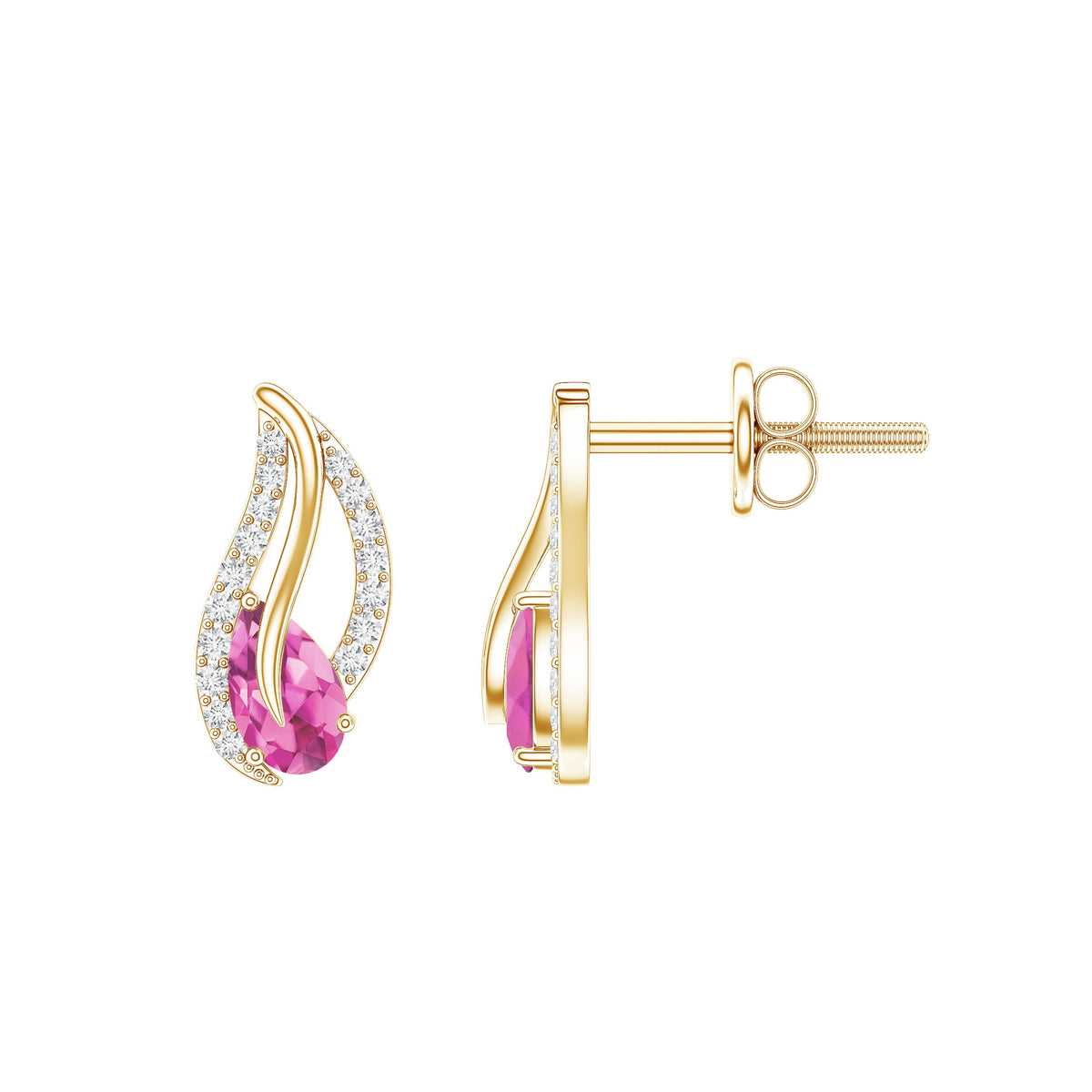 Natural pink tourmaline leaf earrings with diamond accents, elegant jewelry by Rosec Jewels.