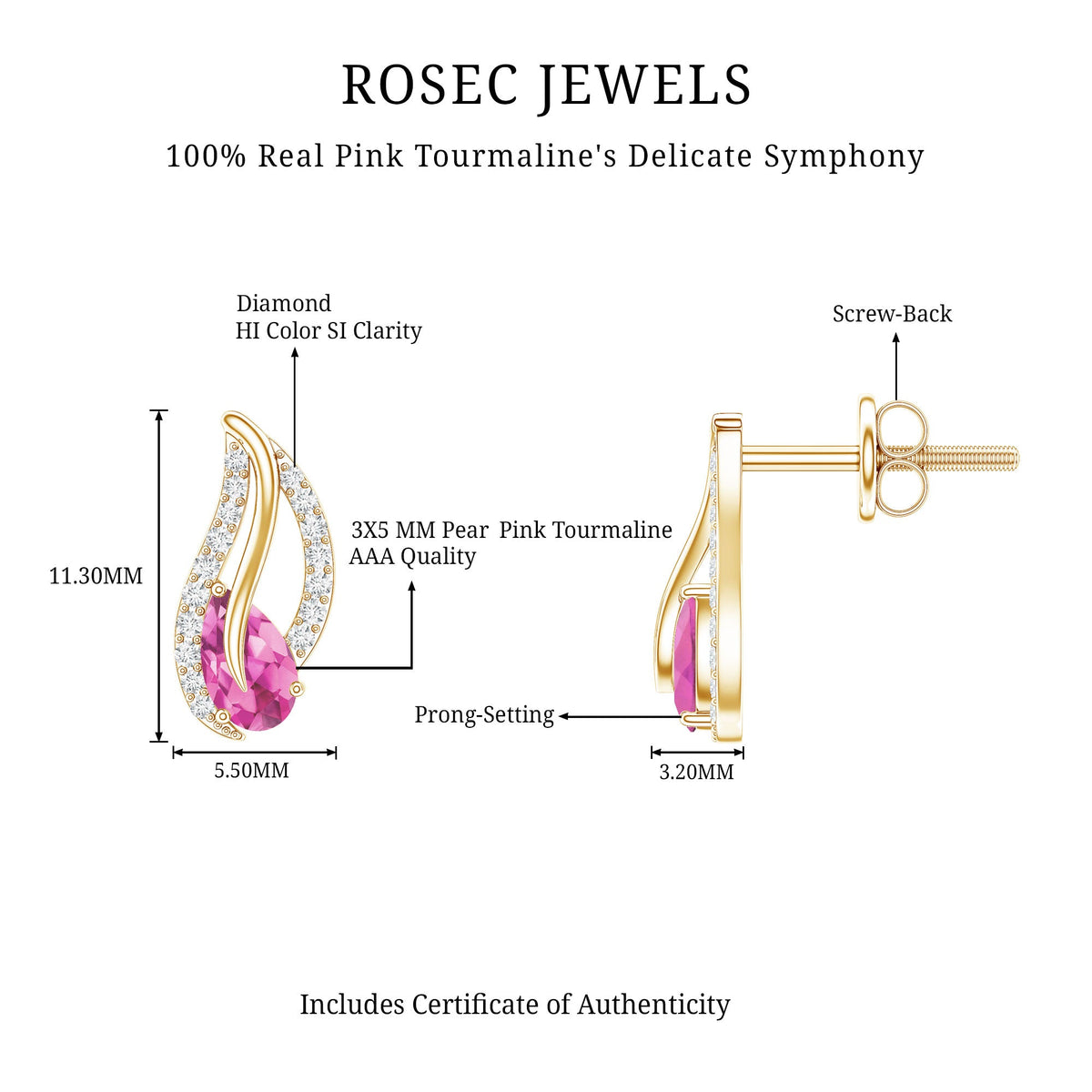 Pink tourmaline leaf earrings with diamond accents by Rosec Jewels, featuring natural pink tourmaline stones and elegant leaf design.